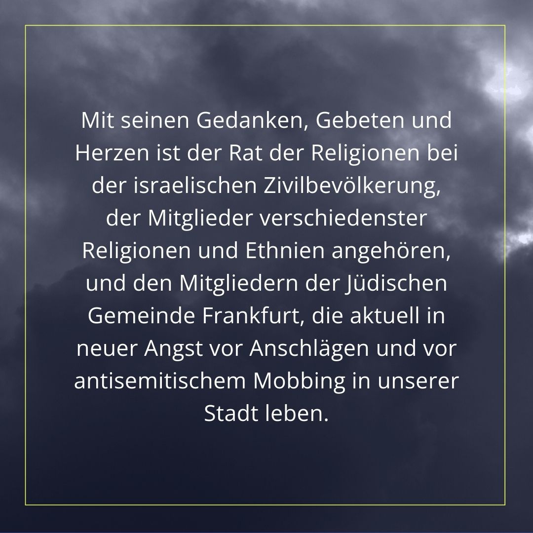 Beitragsbild zu den Terroranschläge in Israel im Oktober 2023 mit einer Erklärung des Rates der Religionen Frankfurt