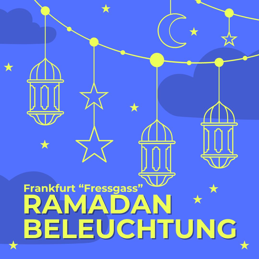 Eine Grafik mit blauem Grund. Darauf sind gelbe Girlanden mit Laternen und Sternen zu sehen. Ebenso der Schriftzug: Ramadan Beleuchtung".